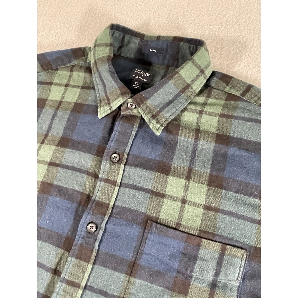 J Crew Flannel Shirt Mens XL Blue Green Plaid Long Sleeve Slim Classic Button-Up